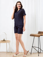 Load image into Gallery viewer, WOMEN Linen SHIRT SHORT PANT NIGHT SUIT Blue