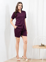 Load image into Gallery viewer, WOMEN Purple Linen SHIRT SHORT PANT NIGHT SUIT