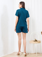 Load image into Gallery viewer, WOMEN Blue Linen SHIRT SHORT PANT NIGHT SUIT