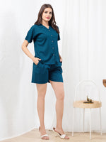 Load image into Gallery viewer, WOMEN Blue Linen SHIRT SHORT PANT NIGHT SUIT