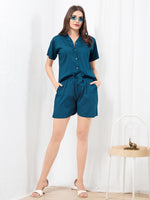Load image into Gallery viewer, WOMEN Blue Linen SHIRT SHORT PANT NIGHT SUIT