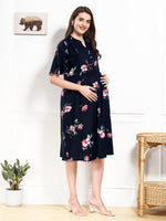 Load image into Gallery viewer, Arela Floral Navy Blue Maternity & Feeding Dress