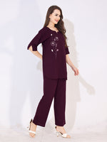 Load image into Gallery viewer, Women Wine Solid Embroidered Stylish Co-ord Set
