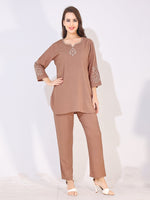 Load image into Gallery viewer, Women Beige Solid Embroidered Stylish Co-ord Set