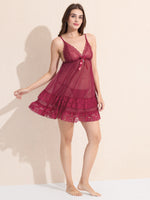 Load image into Gallery viewer, Women's Maroon Sheer Lace Babydoll