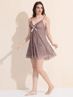 Load image into Gallery viewer, Women's Mauve Sheer Lace Babydoll Nightdress with Satin Bow