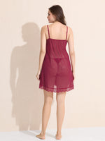Load image into Gallery viewer, Women's Maroon Sheer Lace Babydoll Nightdress with Satin Bow
