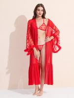 Load image into Gallery viewer, Women's 3-Piece Red Sheer Lace Lingere Set With Robe, Bralette & Thong