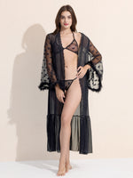 Load image into Gallery viewer, Women's 3-Piece Black Sheer Lace Lingere Set With Robe, Bralette & Thong
