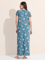 Load image into Gallery viewer, Women's Blue Floral Printed Hosiery Nighty