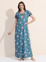 Load image into Gallery viewer, Women's Blue Floral Printed Hosiery Nighty