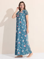 Load image into Gallery viewer, Women's Blue Floral Printed Hosiery Nighty