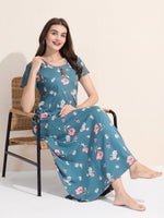 Load image into Gallery viewer, Women's Blue Floral Printed Hosiery Nighty