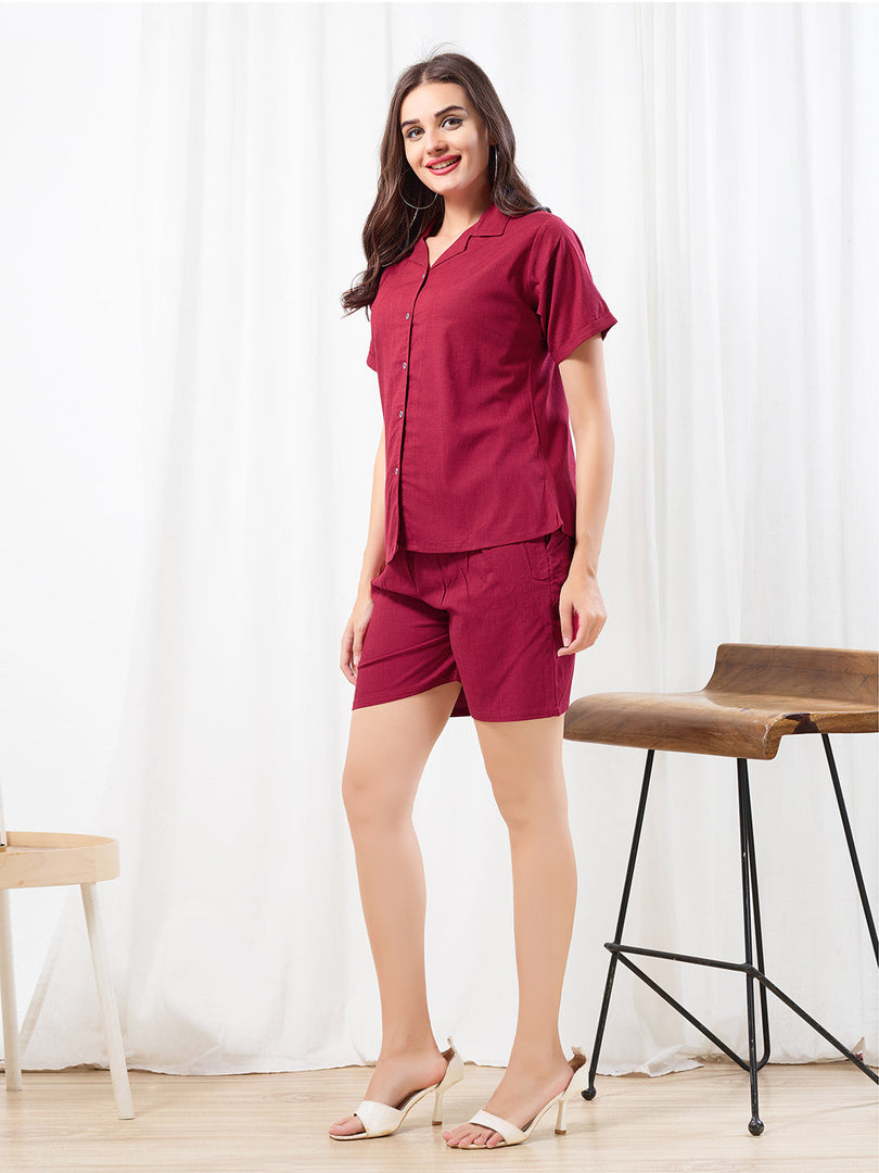 WOMEN Red Linen SHIRT SHORT PANT NIGHT SUIT