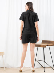 WOMEN BlackLinen SHIRT SHORT PANT NIGHT SUIT