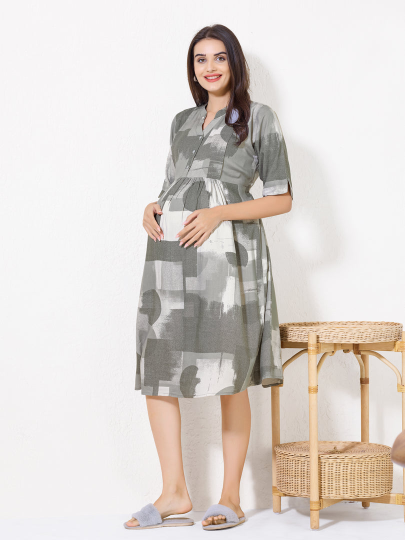 Women Abstract Print Materntiy Dress with Feeding