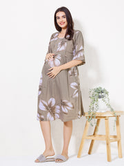 Women Tropical Leaf Print Maternity Dress with Feeding