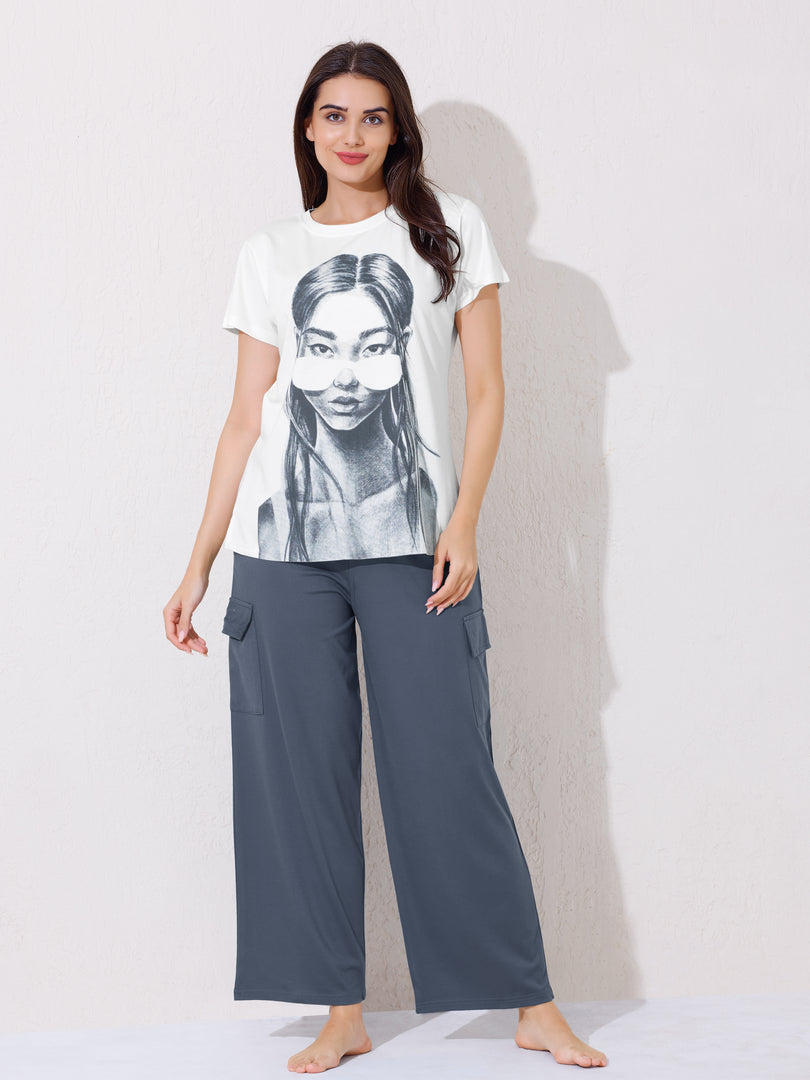 Women's Graphic Print T-shirt with Grey Cargo Pants