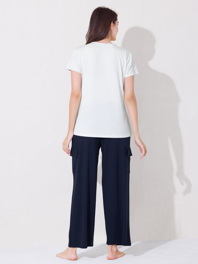 Women's Graphic Print T-shirt with Navy Blue Cargo Pants