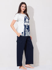 Women's Graphic Print T-shirt with Navy Blue Cargo Pants
