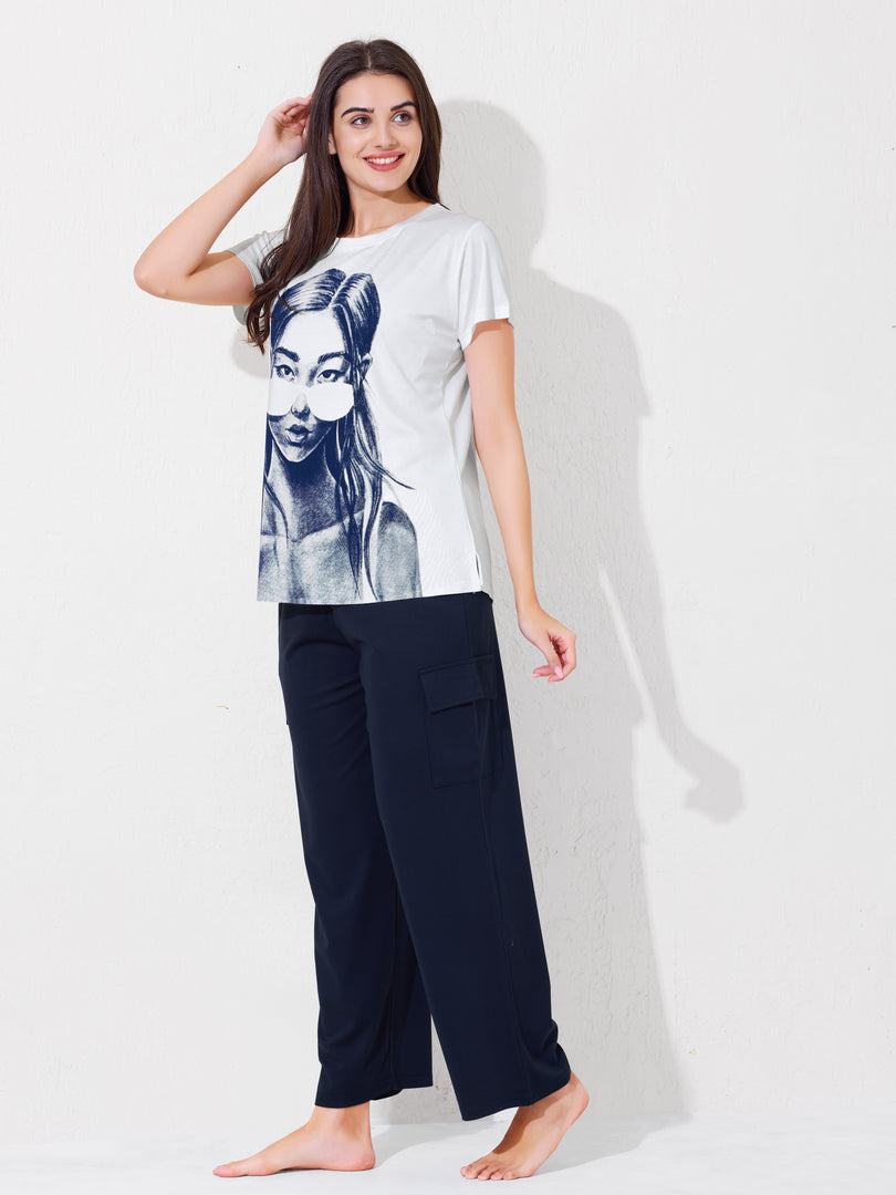 Women's Graphic Print T-shirt with Navy Blue Cargo Pants