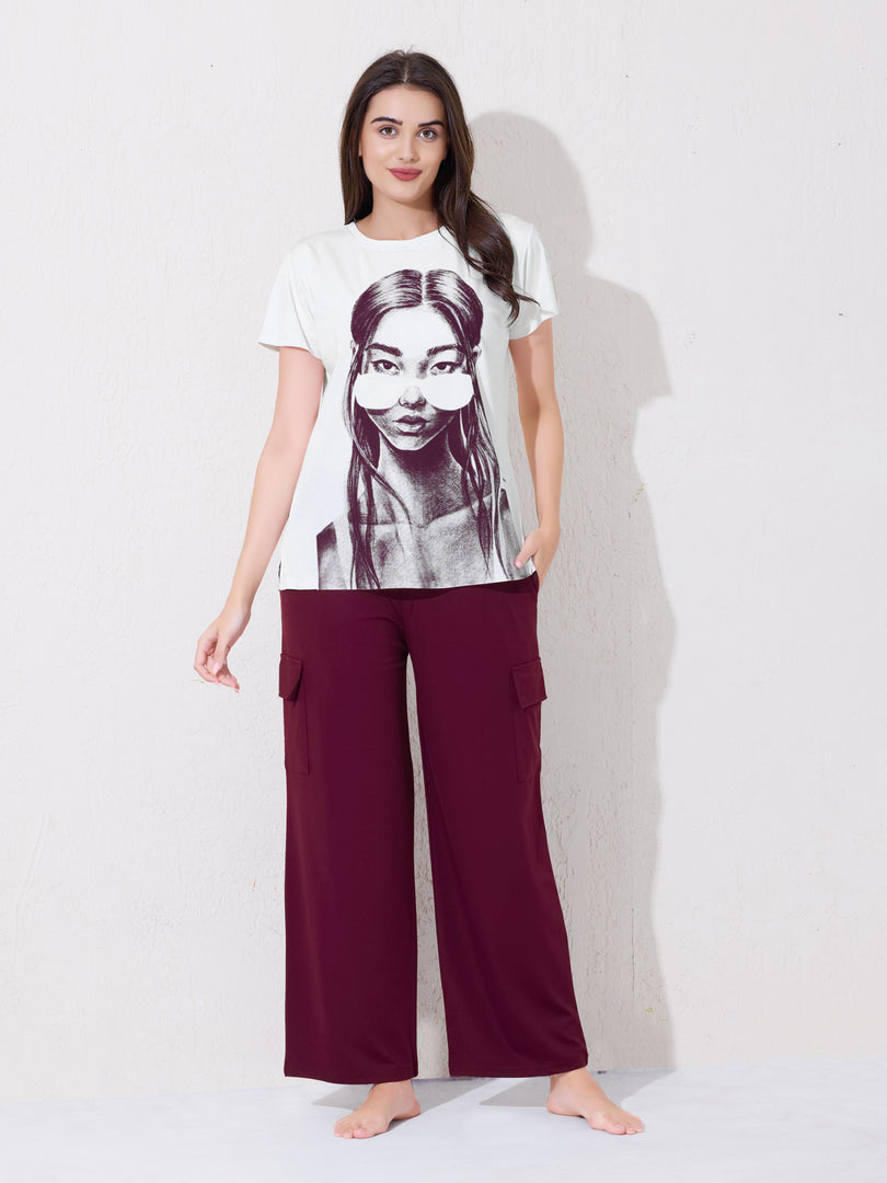 Women's Graphic Print T-shirt with Maroon Cargo Pants