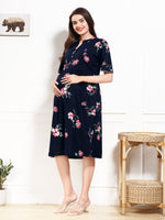 Load image into Gallery viewer, Arela Floral Navy Blue Maternity &amp; Feeding Dress
