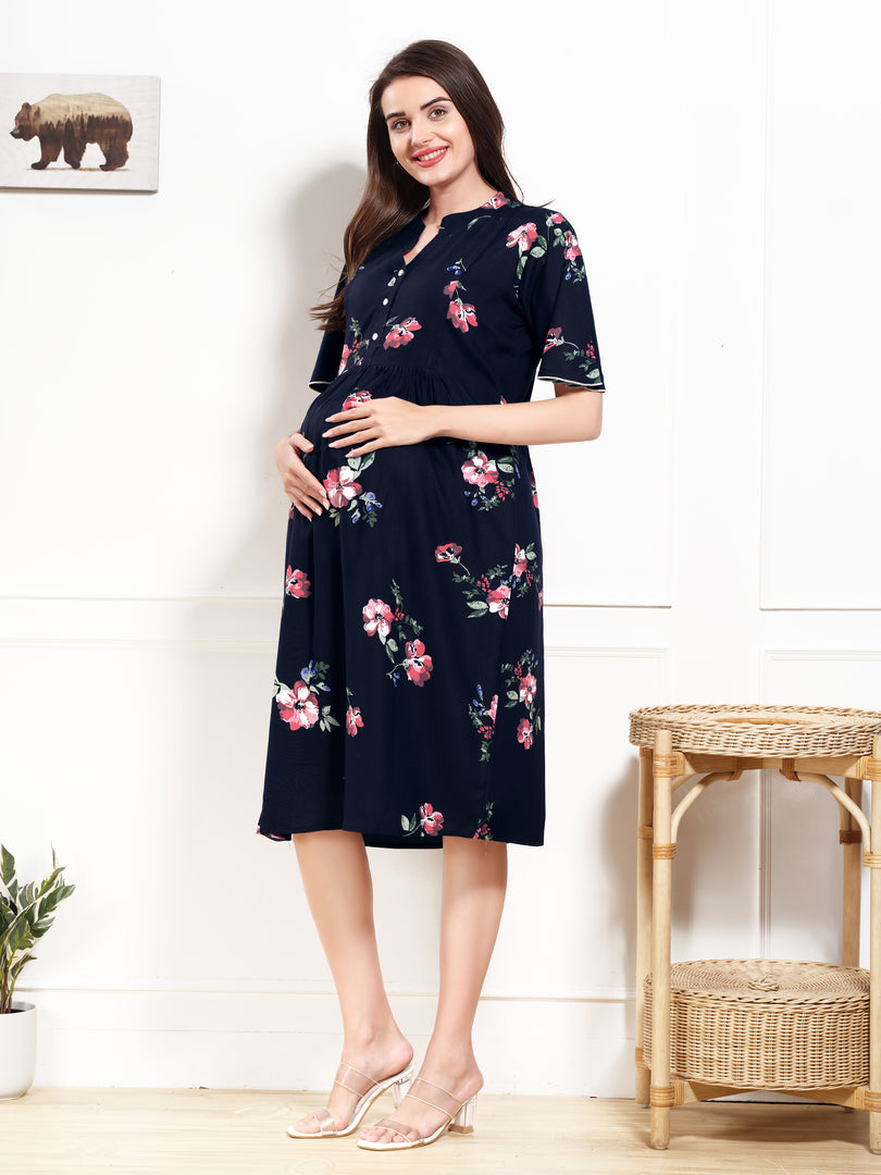 Arela Floral Navy Blue Maternity & Feeding Dress
