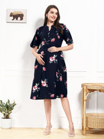Load image into Gallery viewer, Arela Floral Navy Blue Maternity &amp; Feeding Dress
