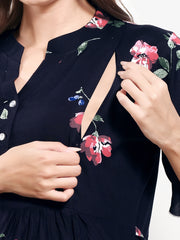 Arela Floral Navy Blue Maternity & Feeding Dress