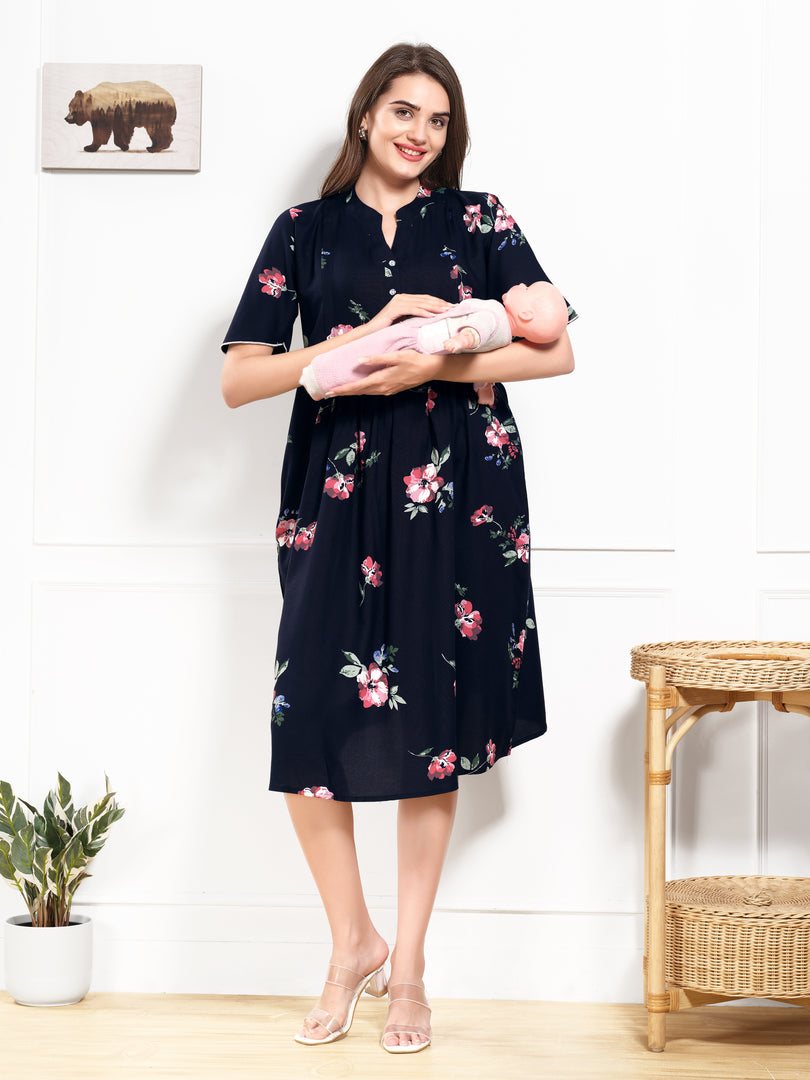 Arela Floral Navy Blue Maternity & Feeding Dress