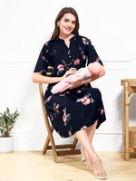 Load image into Gallery viewer, Arela Floral Navy Blue Maternity &amp; Feeding Dress
