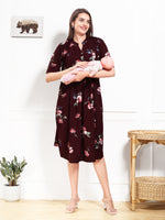 Load image into Gallery viewer, Arela Floral Maroon Maternity &amp; Feeding Dress
