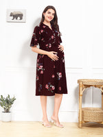 Load image into Gallery viewer, Arela Floral Maroon Maternity &amp; Feeding Dress
