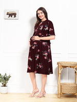Load image into Gallery viewer, Arela Floral Maroon Maternity &amp; Feeding Dress
