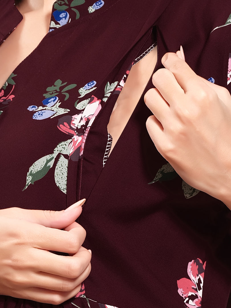 Arela Floral Maroon Maternity & Feeding Dress