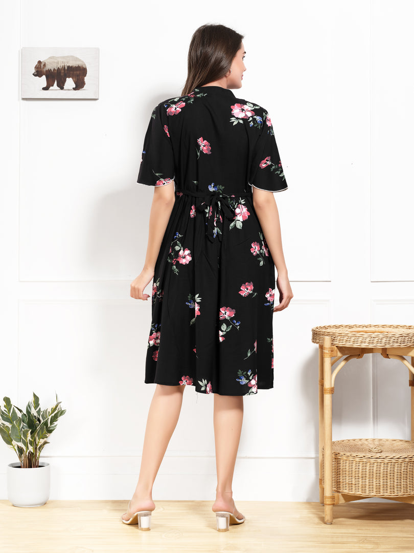 Arela Floral Black Maternity & Feeding Dress