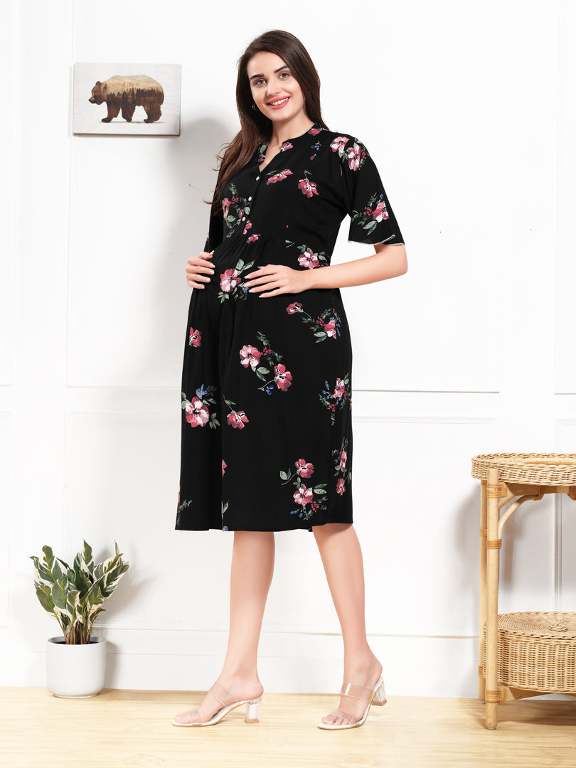 Arela Floral Black Maternity & Feeding Dress