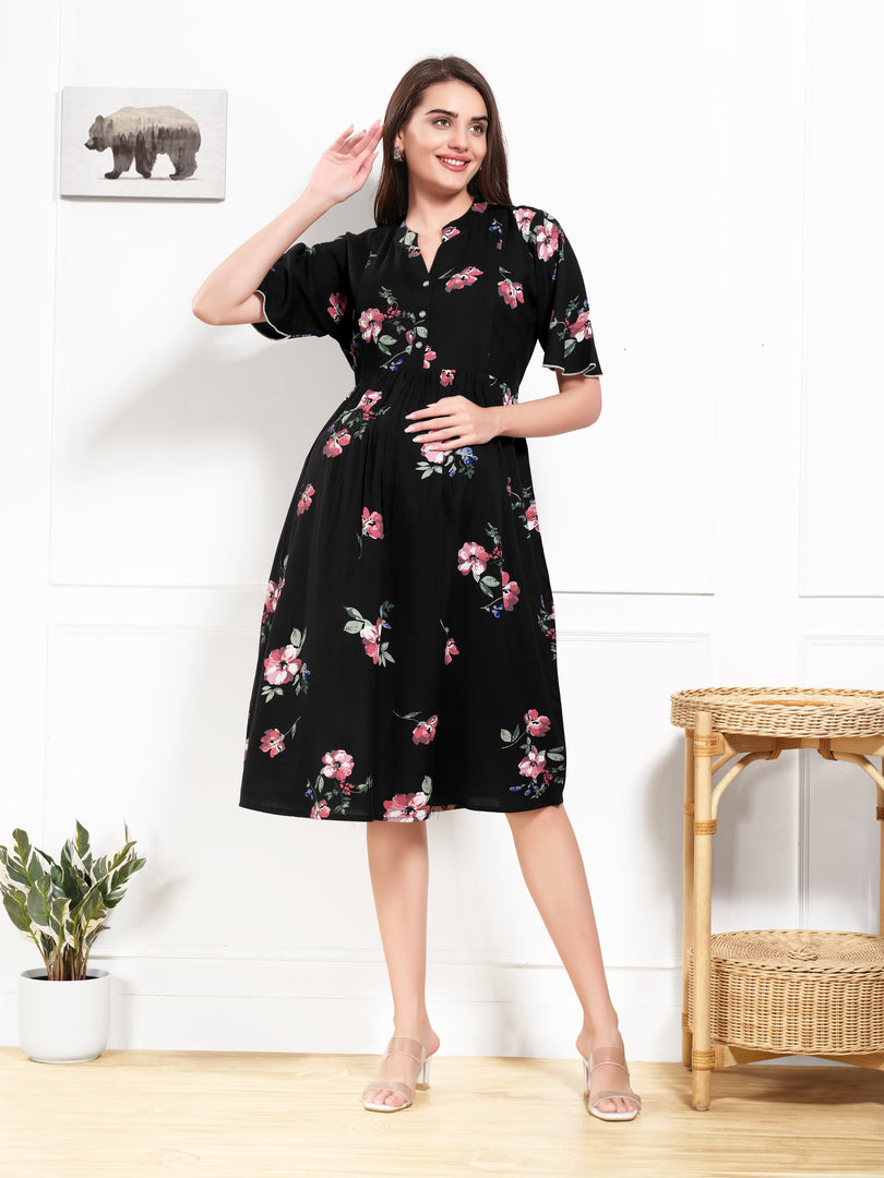 Arela Floral Black Maternity & Feeding Dress
