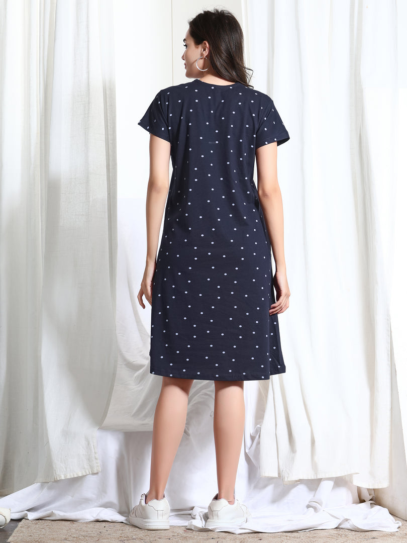 Arela Printed Women Hosiery Nightdress Blue