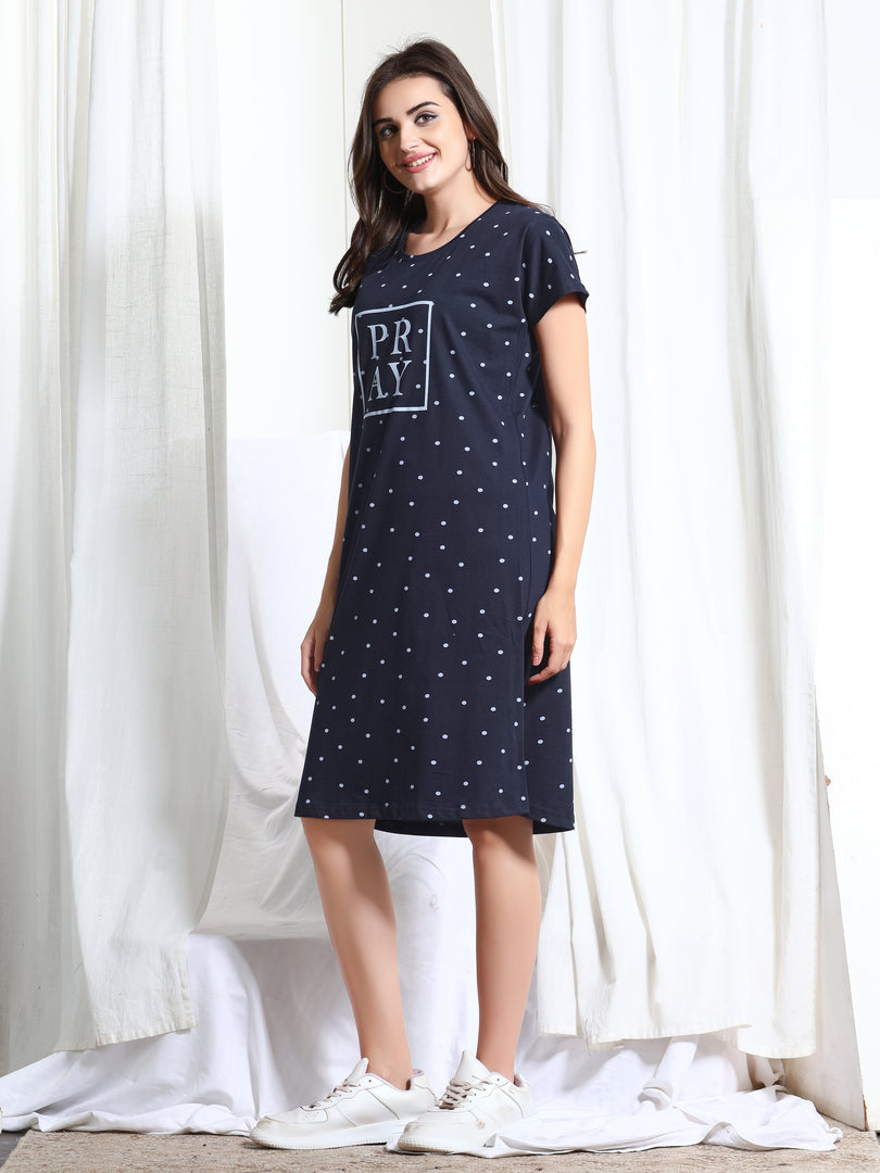 Arela Printed Women Hosiery Nightdress Blue