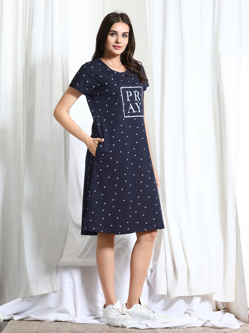 Arela Printed Women Hosiery Nightdress Blue