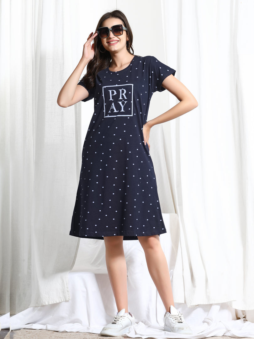 Arela Printed Women Hosiery Nightdress Blue