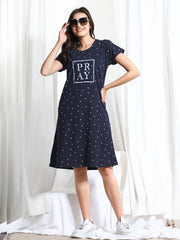 Arela Printed Women Hosiery Nightdress Blue