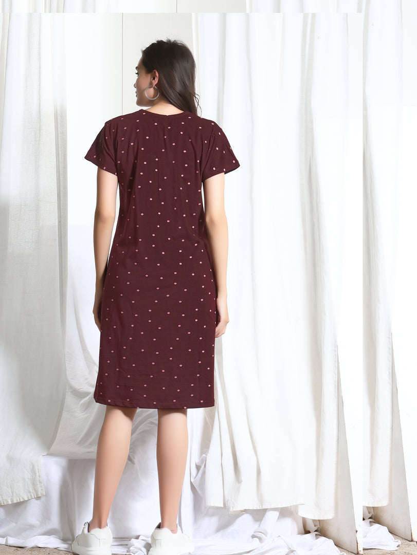 Arela Printed Women Hosiery Nightdress Maroon