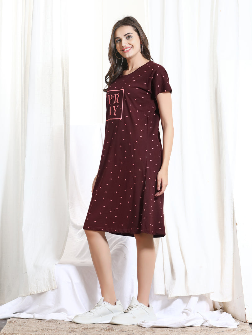 Arela Printed Women Hosiery Nightdress Maroon