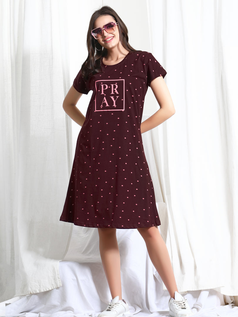 Arela Printed Women Hosiery Nightdress Maroon
