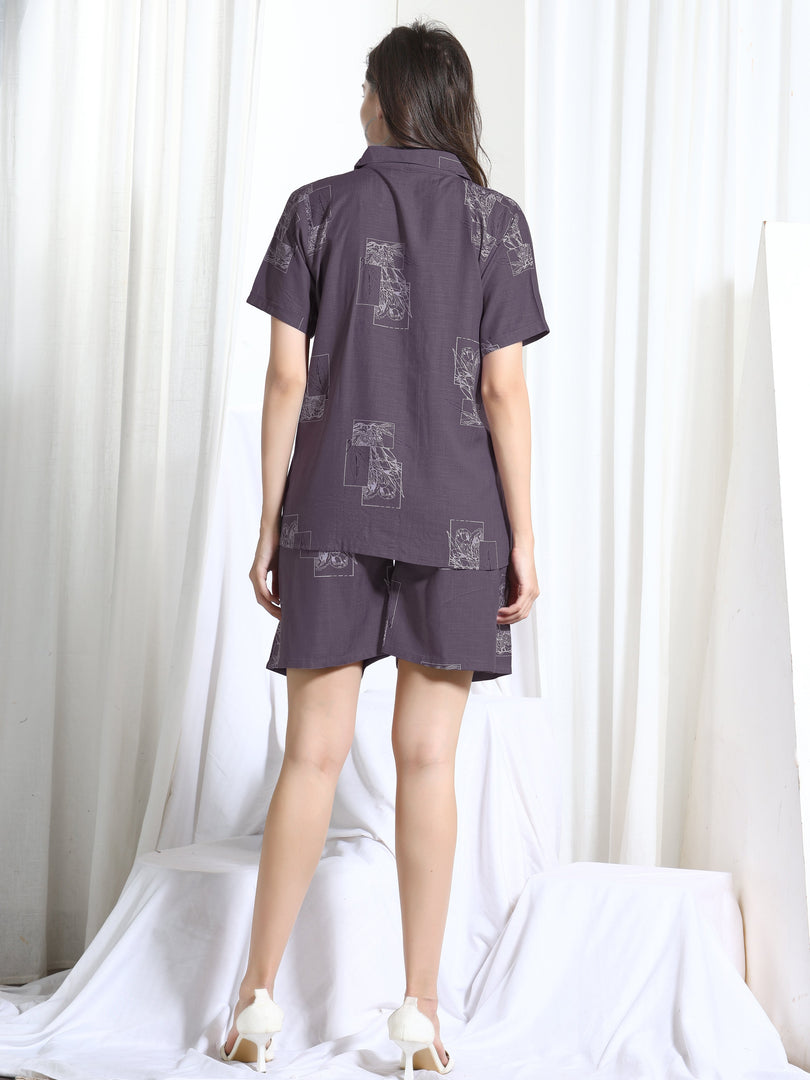 WOMEN SHIRT SHORT PANT NIGHT SUIT  Purple Rayon