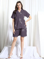 Load image into Gallery viewer, WOMEN SHIRT SHORT PANT NIGHT SUIT  Purple Rayon
