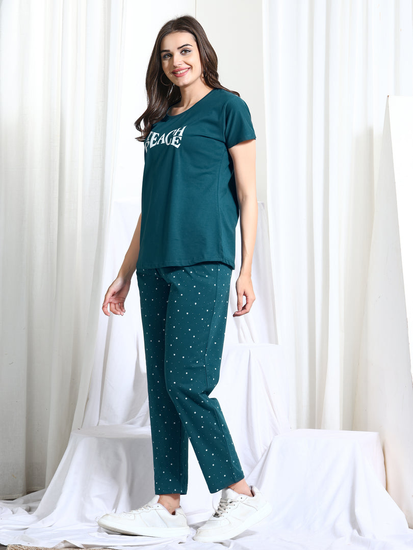 Women Printed Hosiery night suits Green